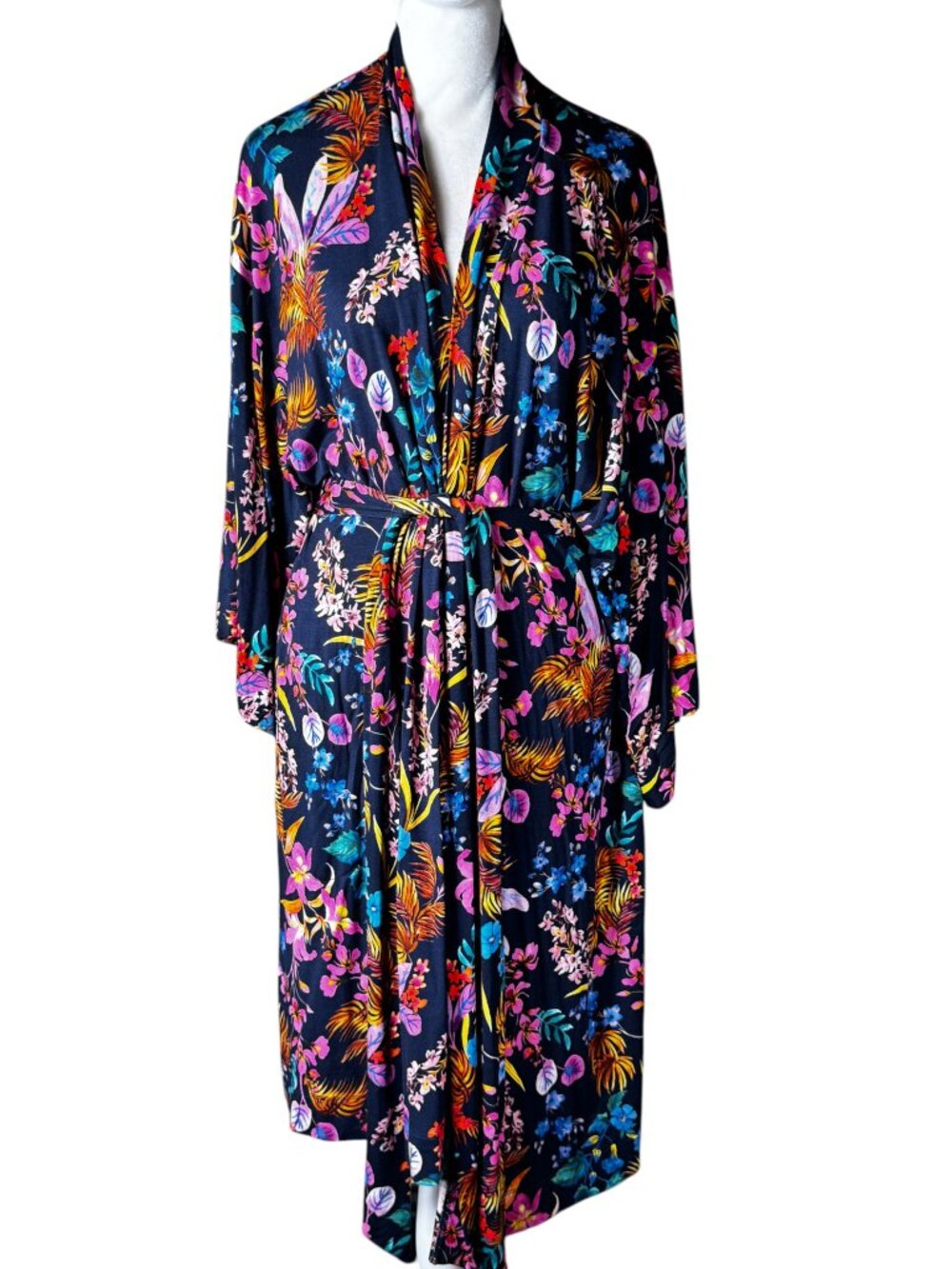 NWOT Soma Cool Nights Kimono Robe L/XL Navy Tropical Floral Wrap Robe Belted - Picture 1 of 9